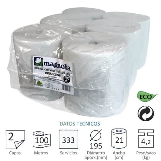 Pack 6 bobinas celulosa secamanos 100 m (sin tubo)